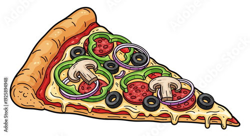 A vibrant cartoon illustration of a single slice of pizza with various toppings including pepperoni, mushrooms, bell peppers, onions, and olives, on a white background.