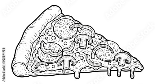 Detailed black and white line art drawing of a delicious pizza slice with pepperoni, mushrooms, and melted cheese dripping.