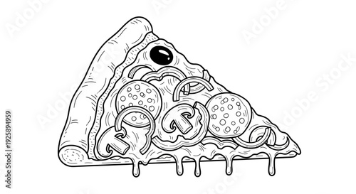 A detailed black and white line art drawing of a single slice of pizza with pepperoni, mushrooms, onions, and a black olive, showing melted cheese dripping.