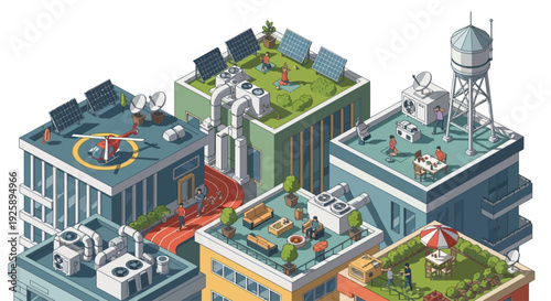 Isometric illustration of various building rooftops showcasing urban infrastructure, green spaces, solar panels, and modern city living.