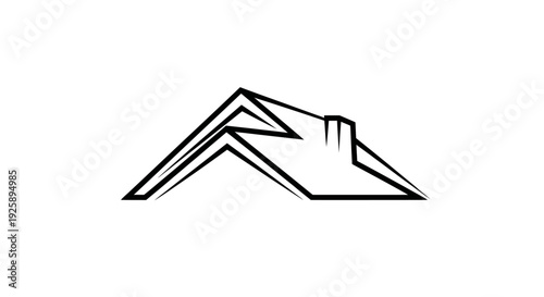 A minimalist black and white line drawing of a house roof with a chimney.
