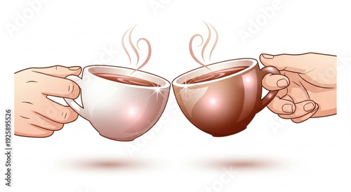 Two hands holding steaming coffee cups in a toast gesture on a white background
