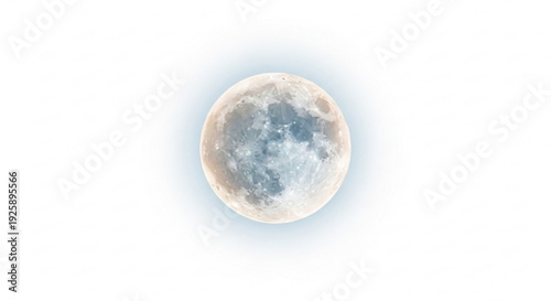 Glowing full moon with soft blue light on white background lunar surface details visible