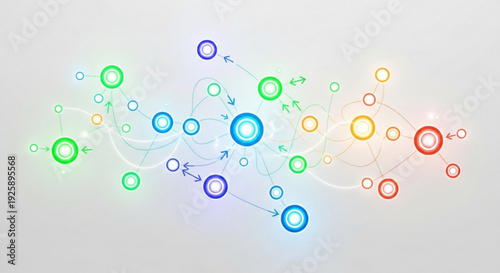 Colorful network diagram with interconnected nodes and arrows on a light gray background illustrating connection and data flow