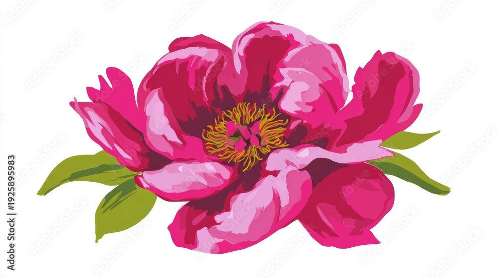 Obraz premium Beautiful Pink Peony Flower with Green Leaves Illustration.