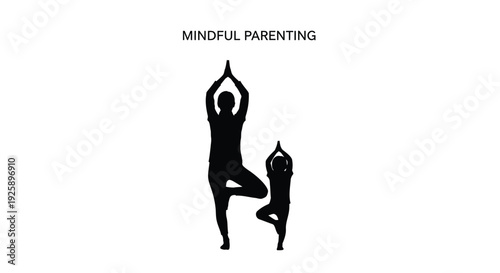 Mindful parenting yoga icon set. Includes yoga, parenting, meditation, mindfulness symbols. Created in minimalist style with black and white color palette.