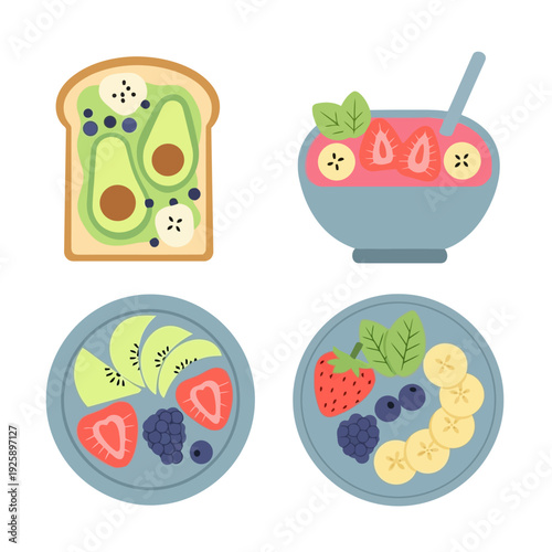 Assorted fruit and avocado dishes arranged on plates and toast viewed from directly above in a clean and minimalist setting