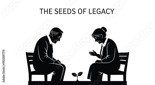 Black silhouette of couple sitting on bench with seedling