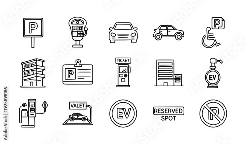 Parking Icons Collection: Vector Illustrations for Transportation and Urban Services