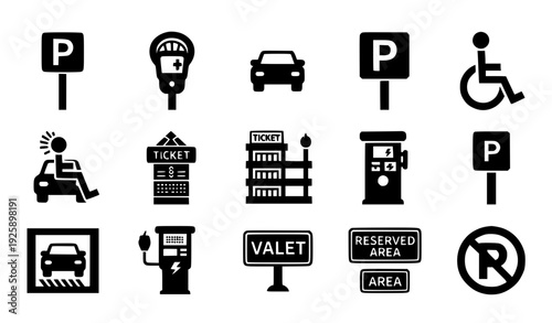 Parking Icons Set: Signs, Cars, EV Charger, Valet, Disabled, No Parking, Vector Illustration