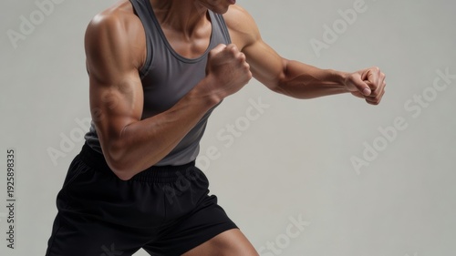 Athletic man practicing punching, training for boxing, demonstrating strength, determination, and fitness