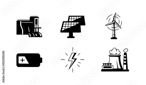 Renewable Energy Icons Set: Solar, Wind, Hydro, Battery, Factory Vector Illustration