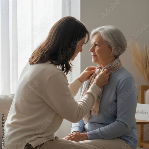 Adult daughter helping her senior mother with a silk scarf for Mother's Day