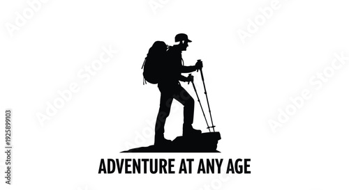 Hiking silhouette icon with Adventure at Any Age text