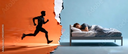 Contrasting lifestyles of an active runner and a sleeping person in modern bedroom with torn wall  active versus passive