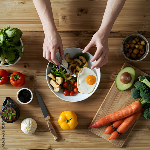 Top View of Hands Preparing Fresh Healthy Meal in Bright Kitchen with Organic Vegetables and Fruits on Wooden Table, Natural Daylight, Clean Commercial Food Photography
