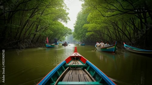 Serene Boat Ride Through Lush Mangrove Forest in Bangladesh.