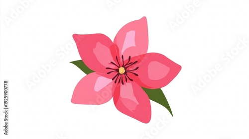 Beautiful pink flower illustration with green leaves.