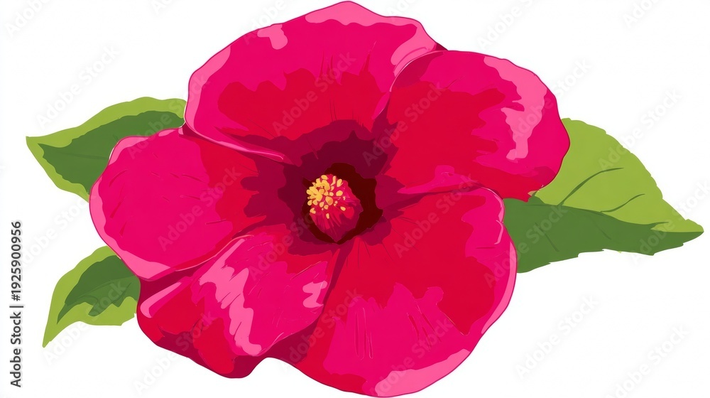 Fototapeta premium Vibrant Pink Flower with Green Leaves Illustration.