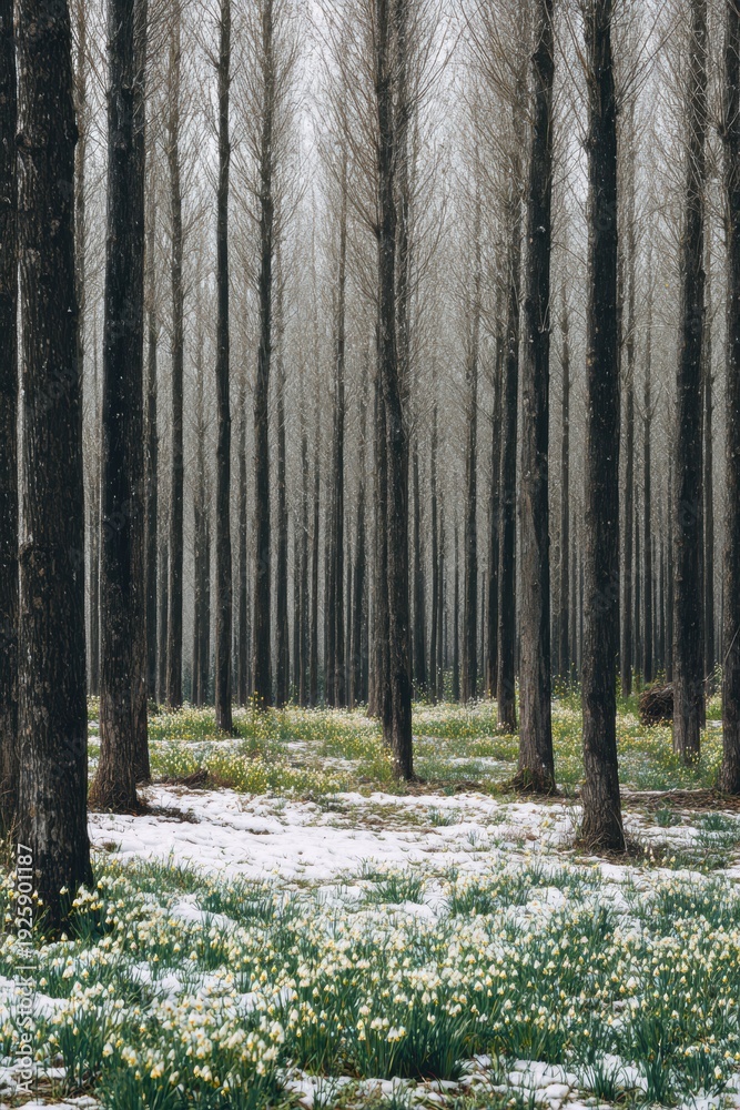 Fototapeta premium Spring snow ice thaw, end of Winter Season, hope, fresh start. A winter forest with snowcovered trees and daffodils in the foreground. The snow blankets the ground, and the daffods are in full bloom.