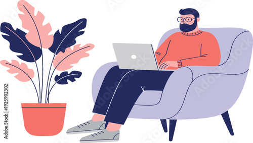 Freelancer Working from Home Vector Illustration with Man Using Laptop on Armchair Remote Work Lifestyle Concept