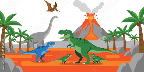Dinosaur Prehistoric Landscape Vector Illustration with T Rex, Brachiosaurus, Pterodactyl and Erupting Volcano in Jurassic Scene
