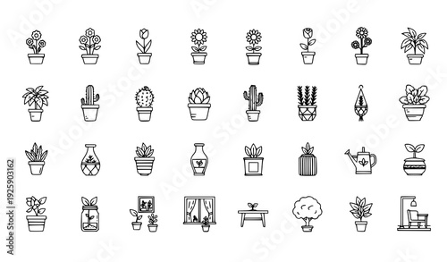 Botany and Flora Thin Line Icons 30 Indoor Flower Pot Minimal Vector Outline Set