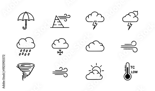 Weather Condition Outline Icons Set of 9 Meteorology Stroke Line Vector Pictograms