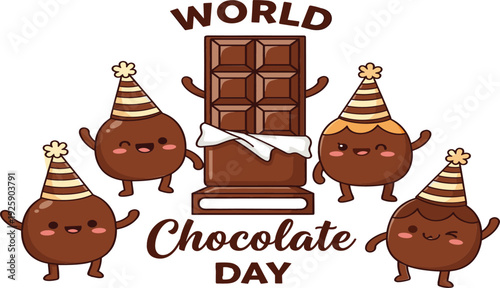 World Chocolate Day Cute Cartoon Vector Illustration with Happy Chocolate Characters and Chocolate Bar Celebration Design