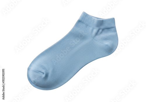 A light blue ankle sock on a white background, slightly wrinkled and textured. isolated on transparent background