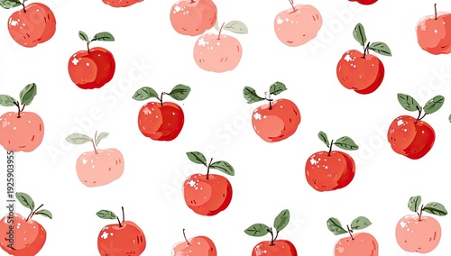 A delightful, repeating pattern of red and pink apples with green leaves