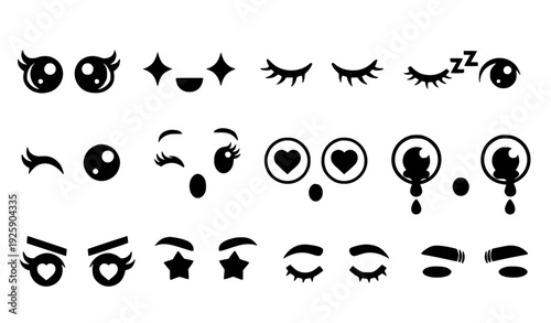 A set of black and white emoticon faces with various expressions and emotions