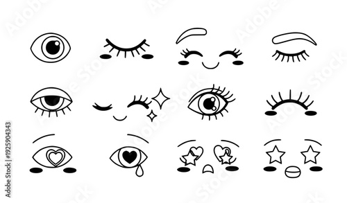 A set of cute and expressive eye icons in a minimalist line art style