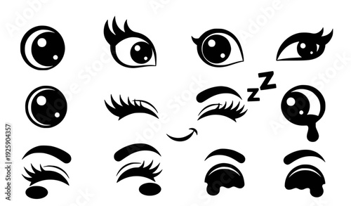 A set of black and white vector graphic eyes with various expressions
