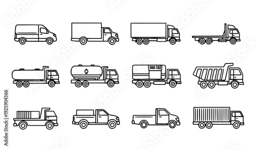 A set of black and white line art illustrations of various trucks and vans in a flat, minimalist style.