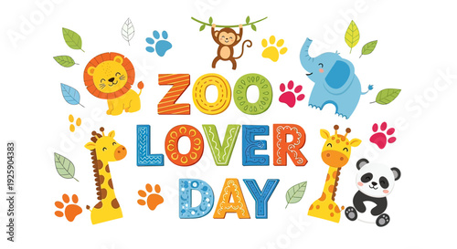 Colorful Zoo Animals and Typography Illustration.