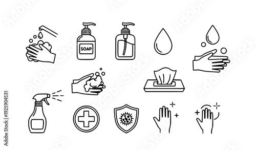 A set of vector icons depicting various hygiene and health related symbols and actions.