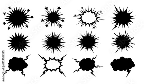 A set of black explosion and burst vector graphics on a white background