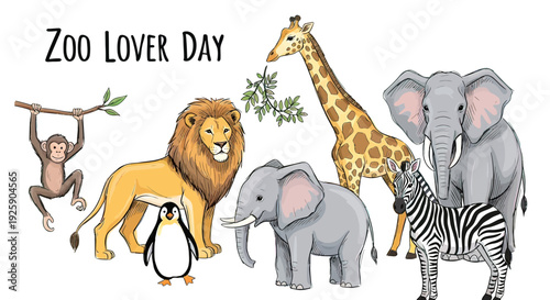 Zoo Animals Lion Elephant Giraffe Zebra Penguin.
