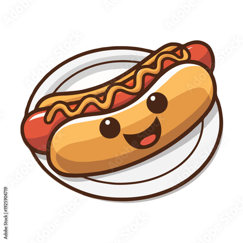A cheerful hot dog with mustard and ketchup on a white plate isolated on white background, Vector, illustration