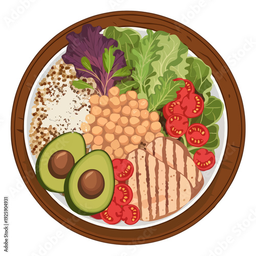 A vibrant and colorful assortment of fresh fruits and vegetables in a circular arrangement isolated on white background, Vector, illustration