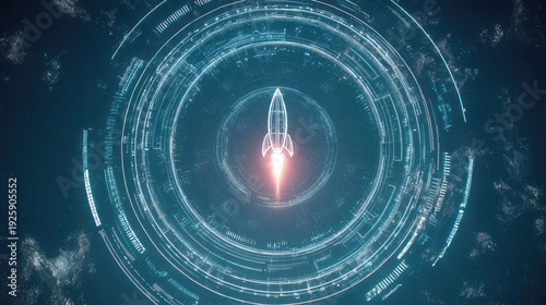 Futuristic Rocket Launch in a High-Tech Digital Environment with Geometric Circles and Patterns