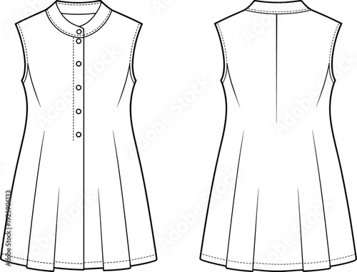 Women sleeveless dress technical drawing template, front and back view fashion flat sketch with button placket detail for apparel design and garment productionWomen sleeveless dress 