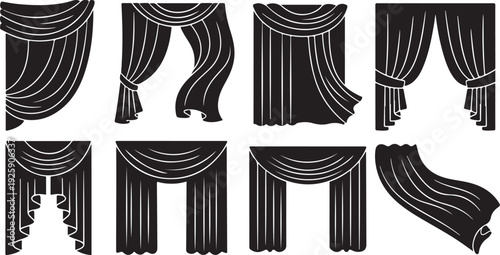 Various Black Curtain Styles and Designs on White Background