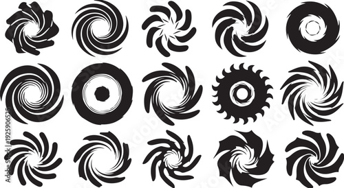 Black and white swirling shapes and gear icons set