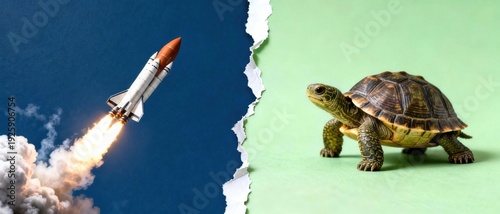 Rocket ship launching into blue sky with smoke and turtle standing on green background side by side  contrasting speed and slowness