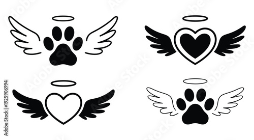 Angel wings with paw prints and hearts memorial illustration representing pet loss remembrance, heartfelt tribute symbols