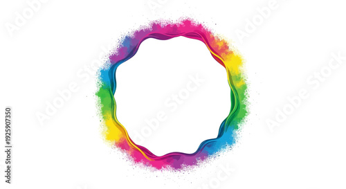 A colorful, abstract illustration of a rainbow border frame on a white background, featuring a Holi Festival design with powder colors and a fun party vibe