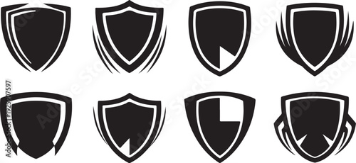 Collection of black shield icons with white outlines and effects