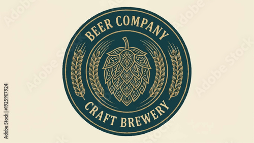 Vintage Craft Brewery Beer Company Emblem with Hops and Wheat.